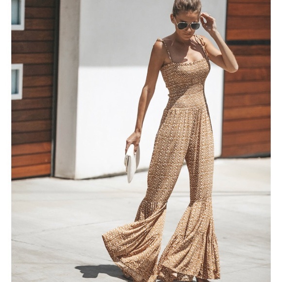 Vici Pants - Vici Mustard Zola Smocked Bell Bottom Jumpsuit